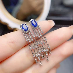 FS 4*6mm Natural Sapphire S925 Sterling Silver Earrings Fine Fashion Charm Weddings Jewelry for Women Gift MeiBaPJ Certificate