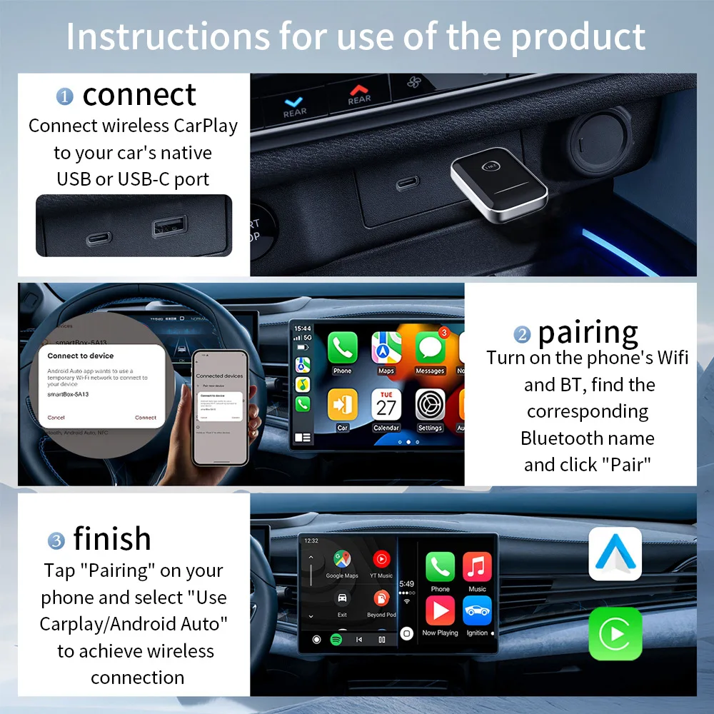 Adapter bezprzewodowy CarPlay Android Auto Plug&Play USB Dongle Bezprzewodowy Dongle do samochodów z przewodowym CarPlay/Android Auto