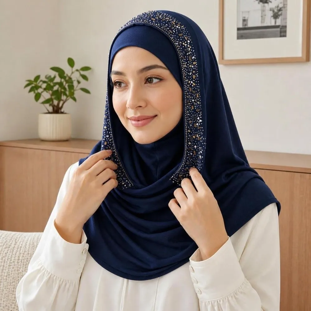 Fashion Rhinestone Decor Instant Hijab Cap Stretchable Soft Elastic Pull on Hijab Breathable Easy Wear Head Wrap Hat Daily Wear