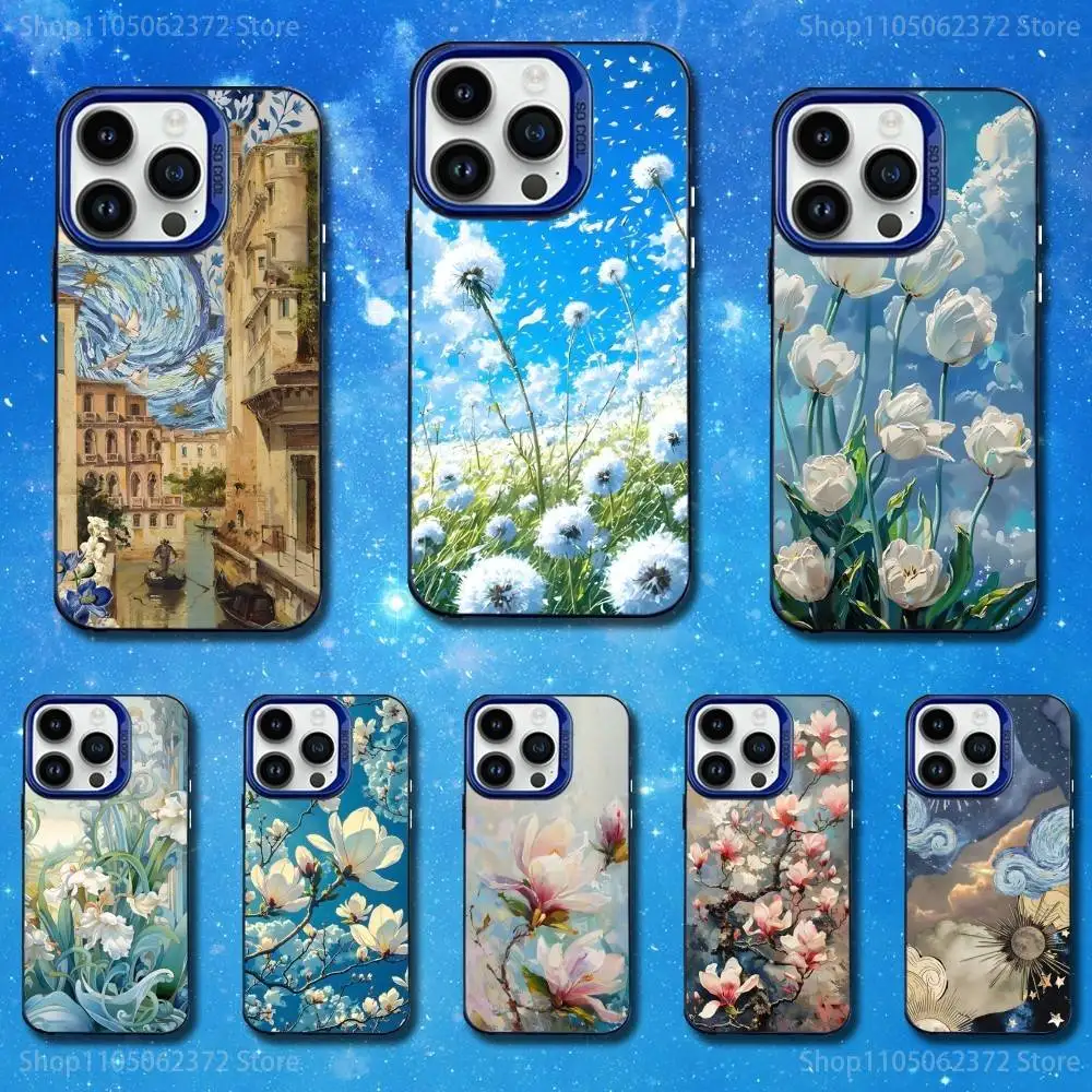 

Botanical Painting Art Phone Case For iPhone 11,12,14,13,15,16,Mini,XS,MAX,Pro,SE Blue Matte Silicone Cover