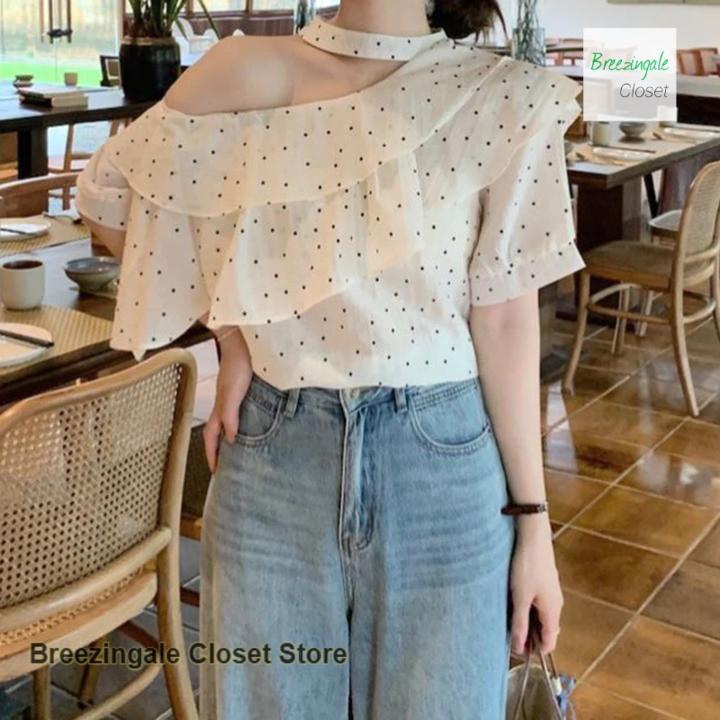 

Summer new loose sweet temperament blouse female French new fashion simple polka-dot strapless ruffled neck chiffon shirt
