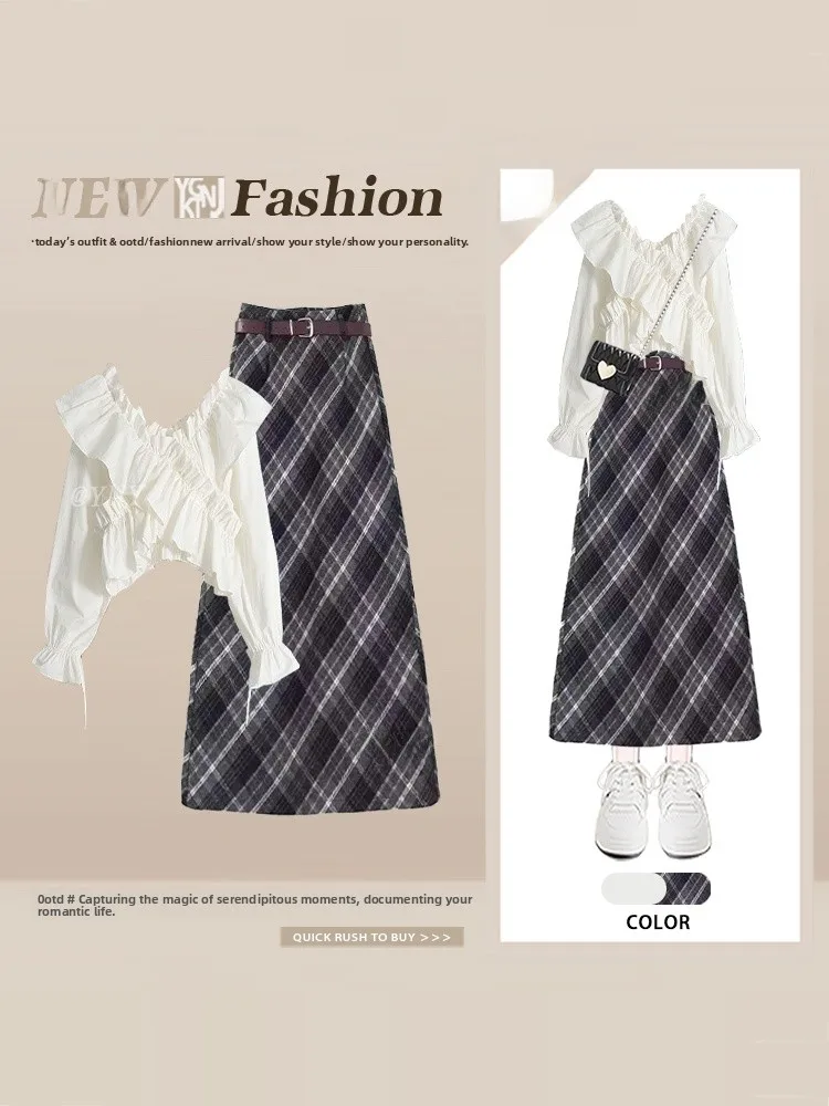 

Spring New Style College Style Short Shirt And Plaid Skirt Set Women's Fashion Vintage Set Floral Long Sleeve Shirt
