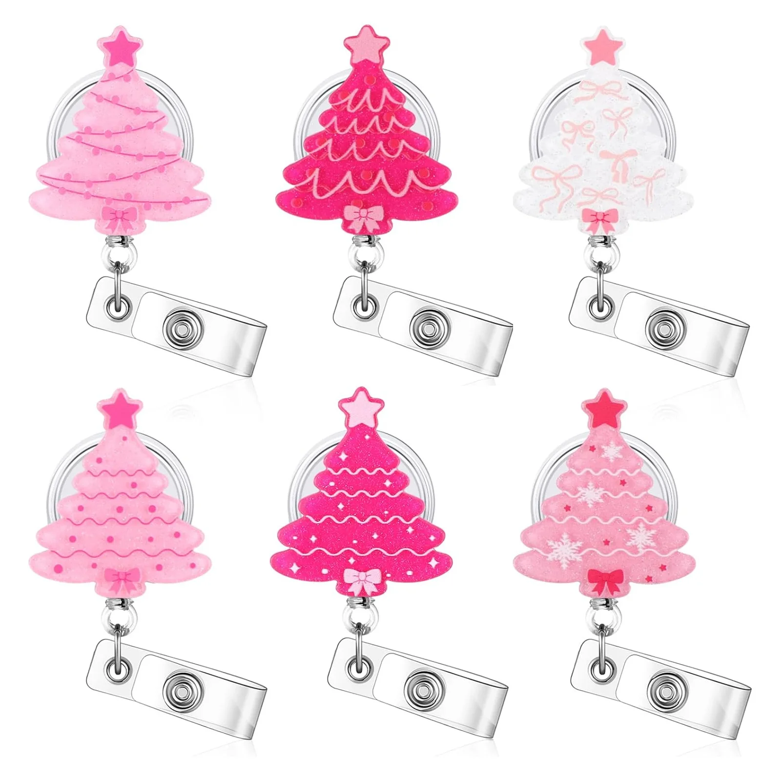 2025 New Acrylic Badge Reel Christmas Tree Badge Holder Pink Retractable Name Tag For Clothing Belt Id Display