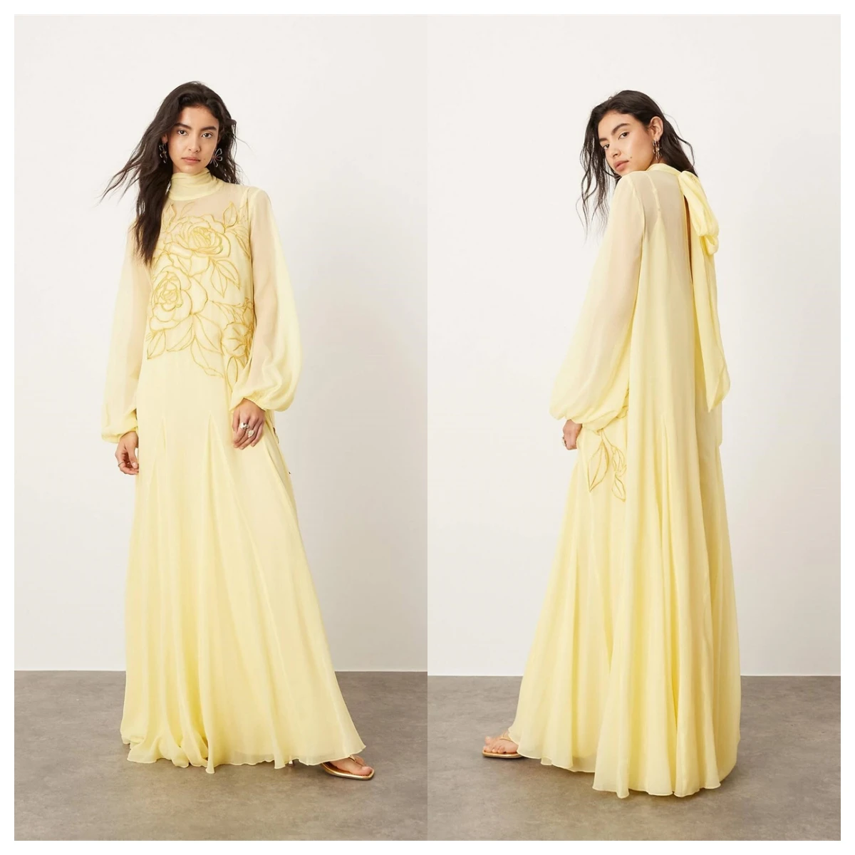 Customized  Exquisite Yellow Chiffon Evening Dress High Collar Long Sleeves Celebrity Gowns Vestido De Festa Appliques image 3