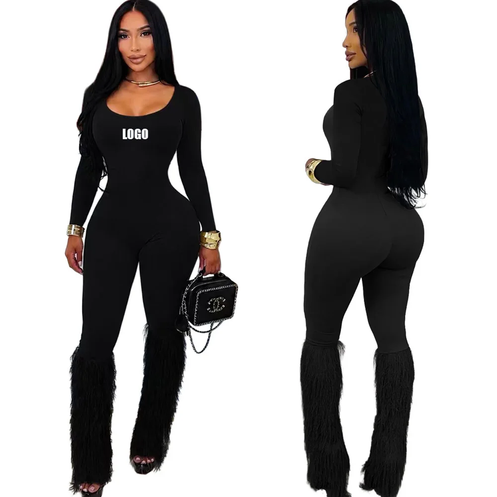 Customized LOGO women's European and American sexy U-neck long-sleeved high-waisted tassel slim-fitting party jumpsuit