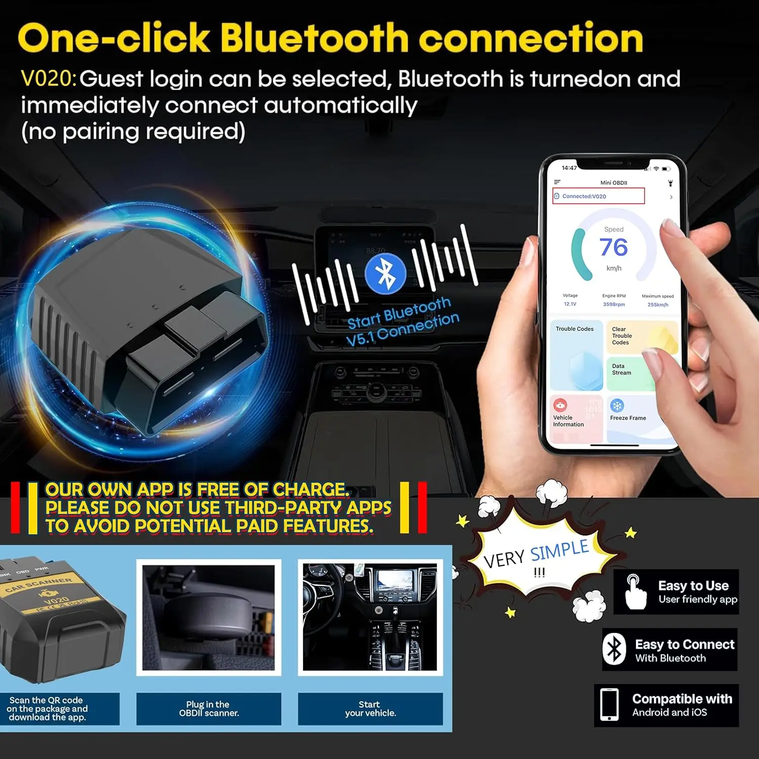 ماسح ضوئي بلوتوث OBD2 للسيارات - قارئ رمز لاسلكي لهواتف iPhone/Android، قراءة/واضح رموز الخطأ والبيانات المباشرة، تطبيق مجاني