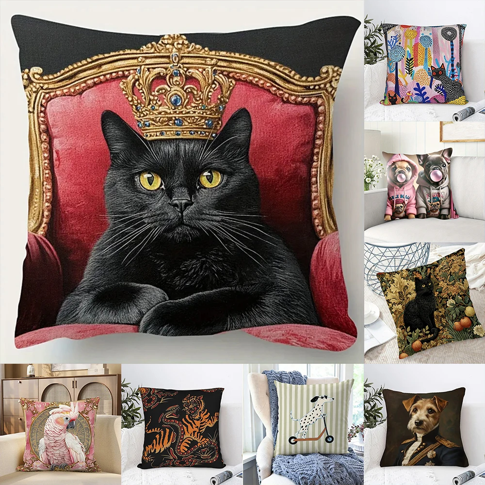 2D-Flat Luxury Animal Print Throw Pillow Covers, Vintage Crown Black Cat, Cute Dogs, Tropical Bird & Retro Tiger Designs