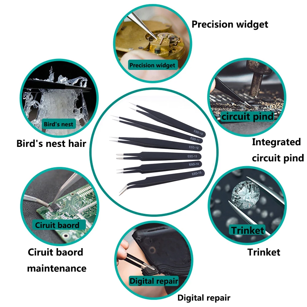 1PCS Anti-static ESD Stainless Steel Tweezers Maintenance Tools Industrial Precision Curved Straight Tweezers Repair Tool Watch
