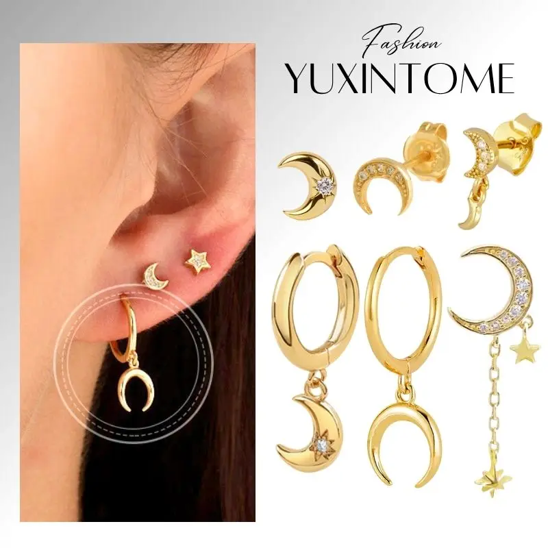 

925 Sterling Silver Needle Star Moon Pendant Hoop Earrings Fashion Zircon Piercing Stud Earrings for Women Party Fine Jewelry