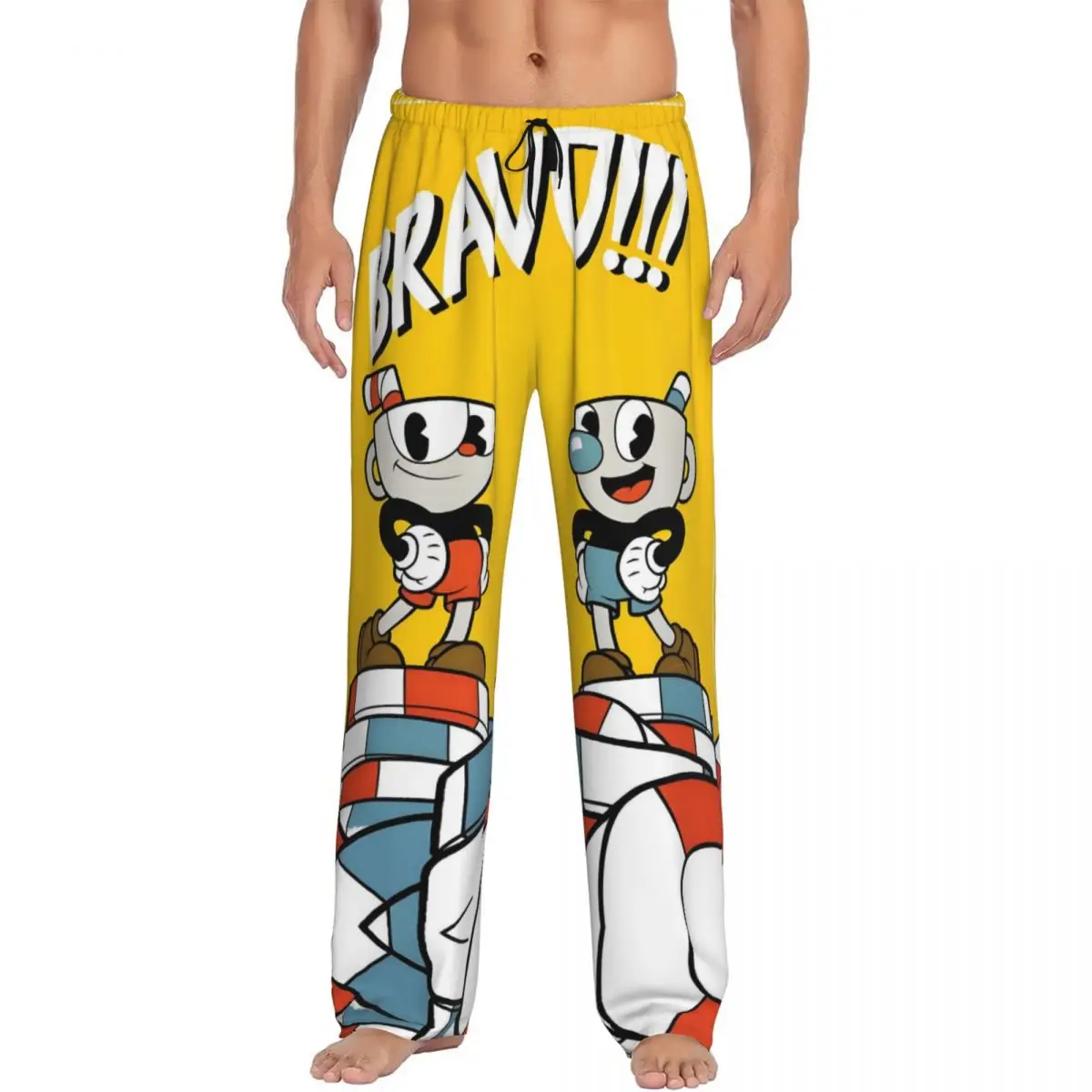 مخصص مطبوعة الرجال Cuphead و Mugman بيجامة السراويل أنيمي لعبة ملابس خاصة صالة النوم قيعان مع جيوب