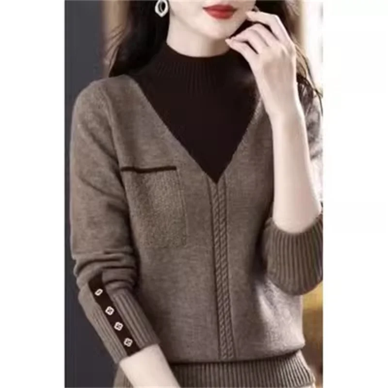 Color Scheme Sweater Fashion Spliced Knitted Female Clothing 2025 Autumn New Loose Casual Pullovers All-match Korean Tops Coffee