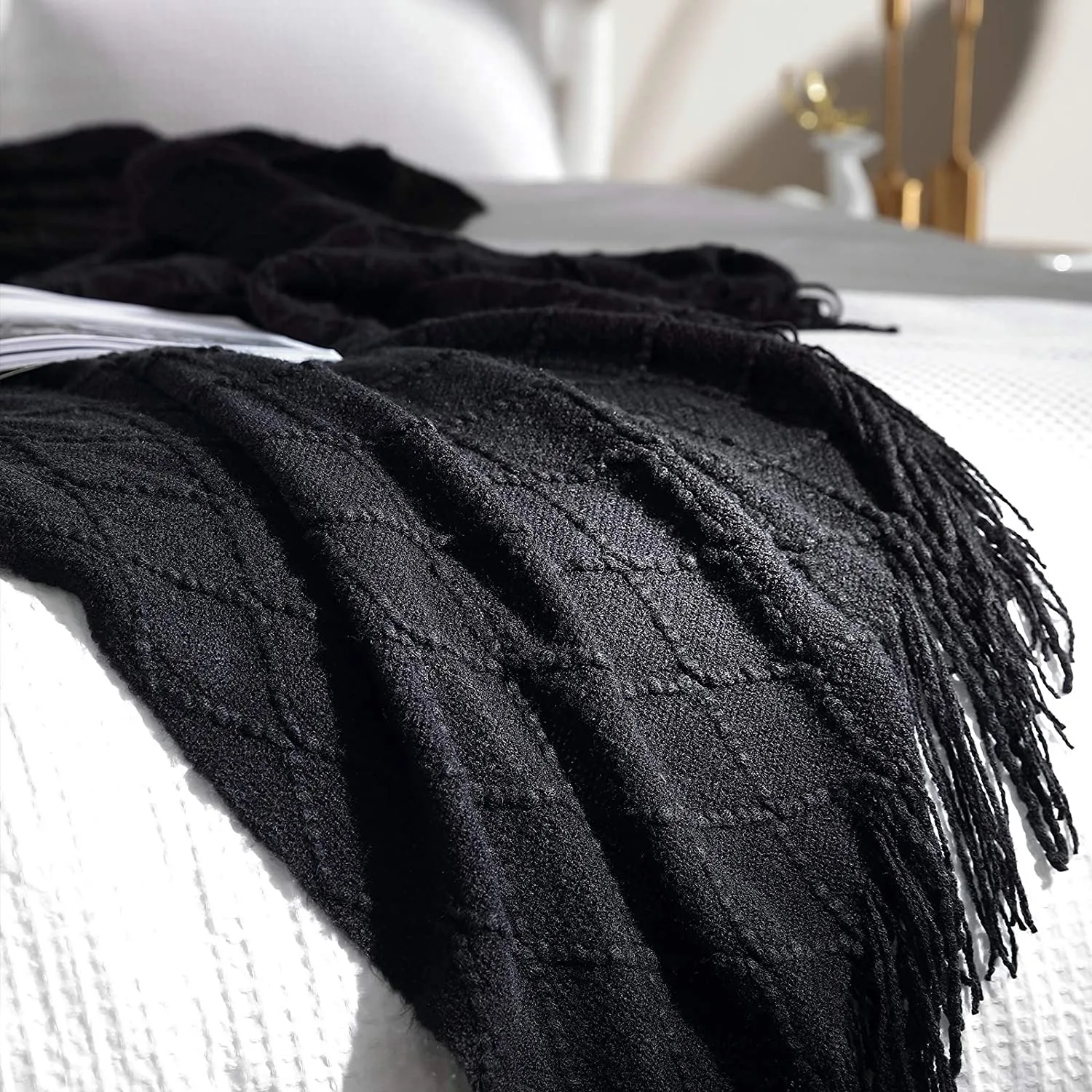 Gift Knitted Throw Blankets for Couch and Bed, Soft Cozy Knit Blanket with Tassel, Black Lightweight Decorative Blankets Throws