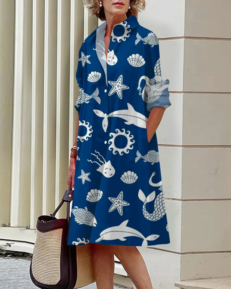 Long Sleeve Shirt Dress Women's Lapel Sea Creature Print Knee-Length Skirt Breathable And Comfortable For Spring And Summer