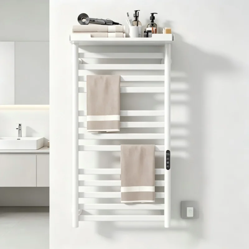 Wall Mounted Electric Towel Warmer, White Heated Towel Rail with Shelf for Bathroom