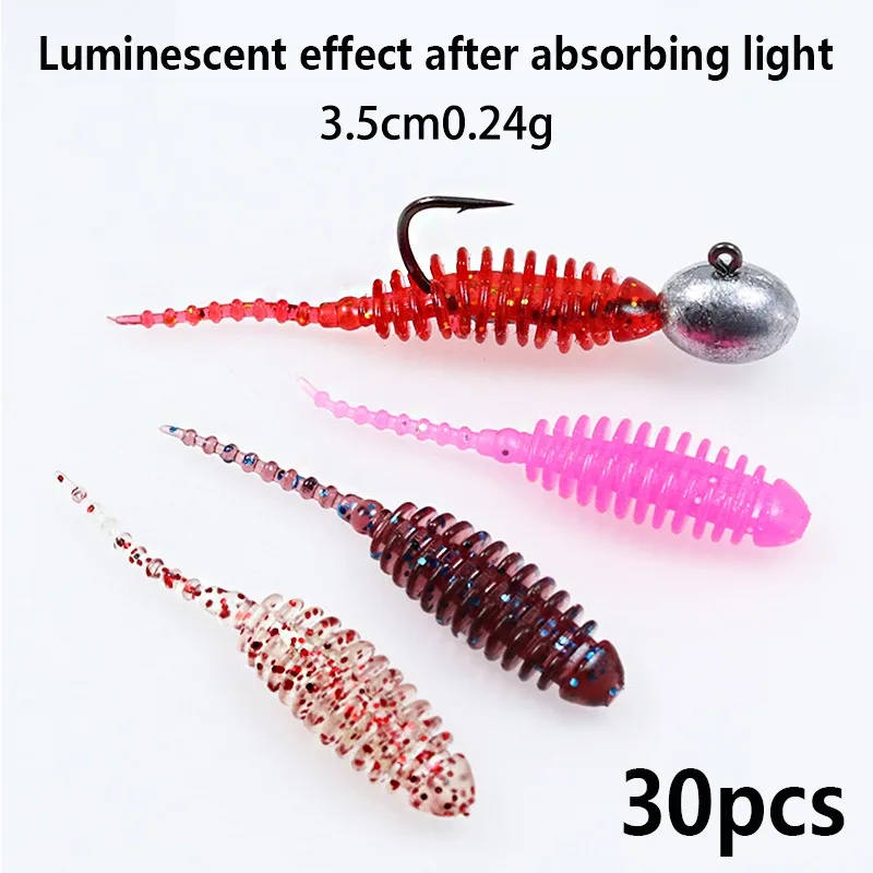 30 قطعة مضيئة صغيرة الجذر الصيد السحر مجموعة سويم TPE الطعم الناعم 35 مللي متر 0.24 جرام إبرة الذيل مايكرو دودة تيار بيونيكس الشرغوف الطعوم #5