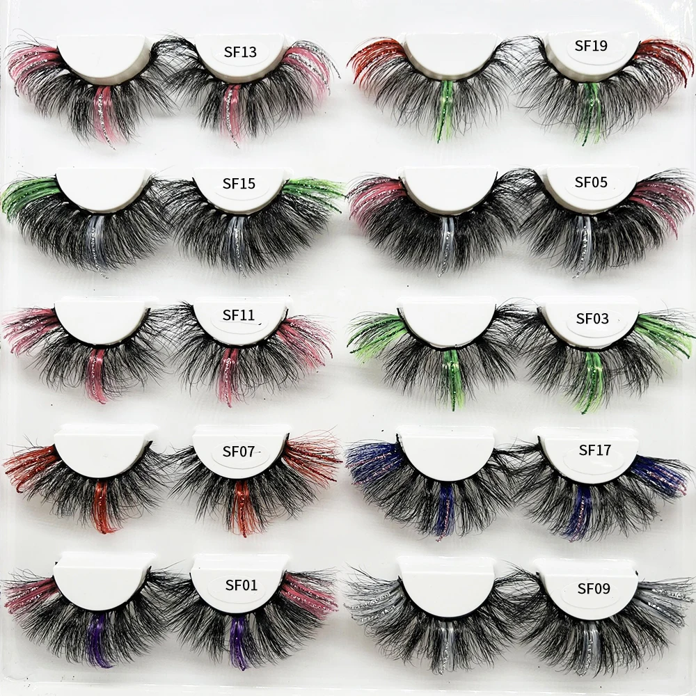 Newest Colored False Eyelashes With Glitter 5D 25MM Mink Lashes 3D 10-20MM Natural Full Strip Mink Eyelashes Wholesale Makeup