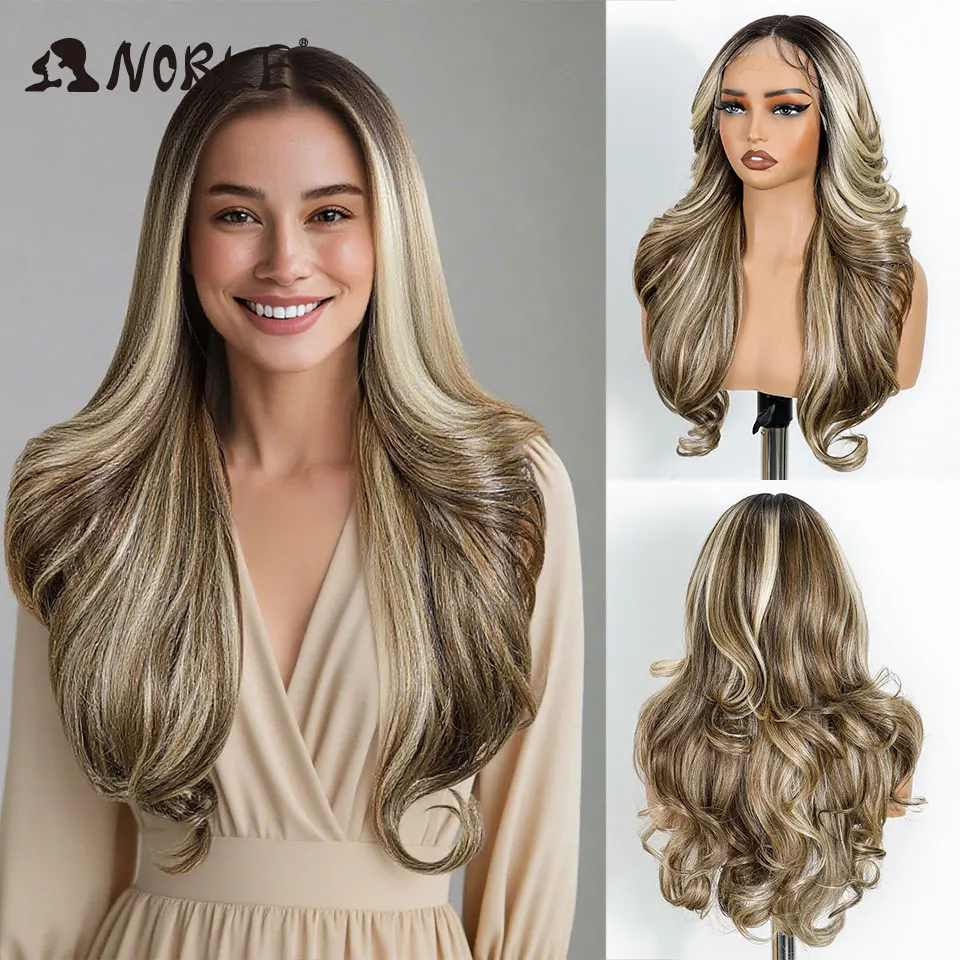 

Благородные синтетические парики спереди для женщин 24-дюймовые длинные свободные волнистые парики с предварительно выщипанными кружевными волосами Ombre Блондинка Белый парик для косплея