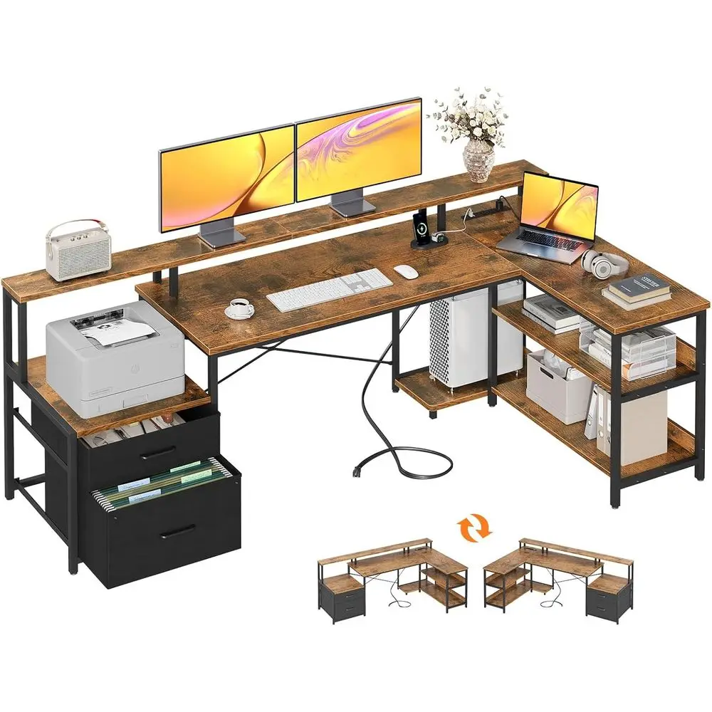 

75 L-Shaped Home Office Desk with Power Outlet, Storage, and Monitor Shelf
