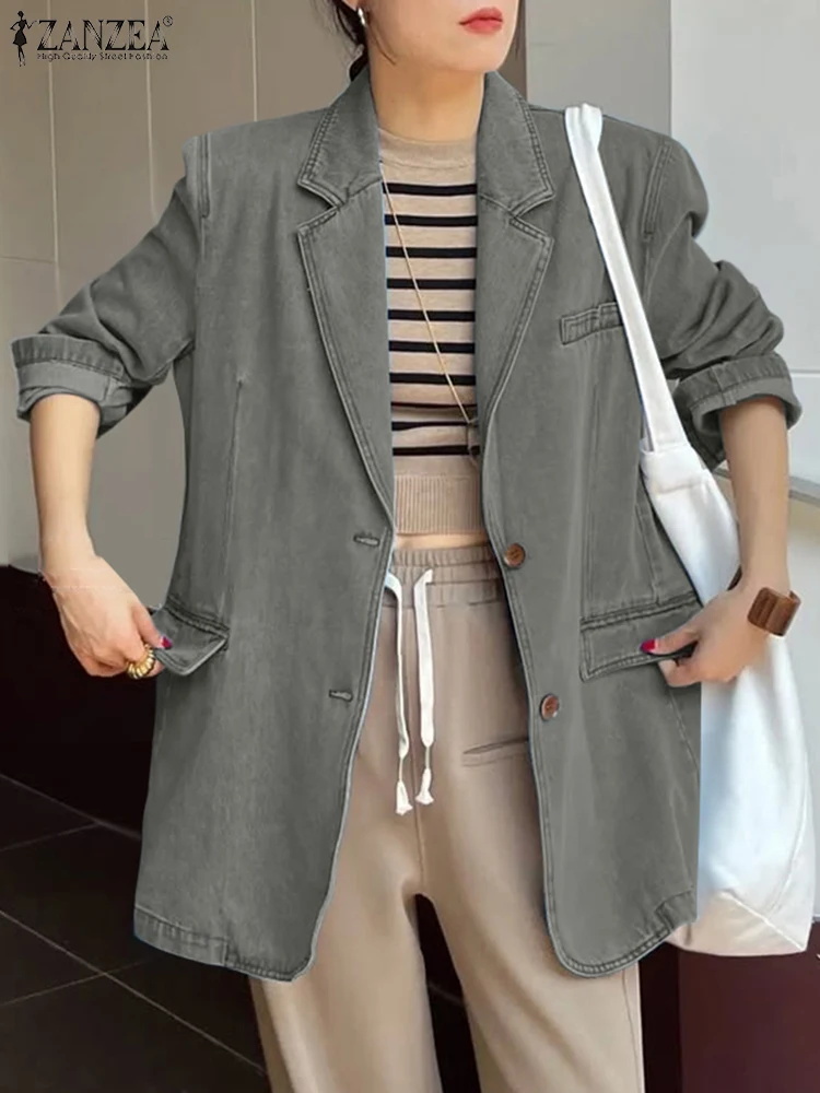 ZANZEA 2025 Vintage  Denim Coat Women Elegant Office Blazer Short Sleeve Autumn Outwears Solid Fashion Lapel Neck Cardigan