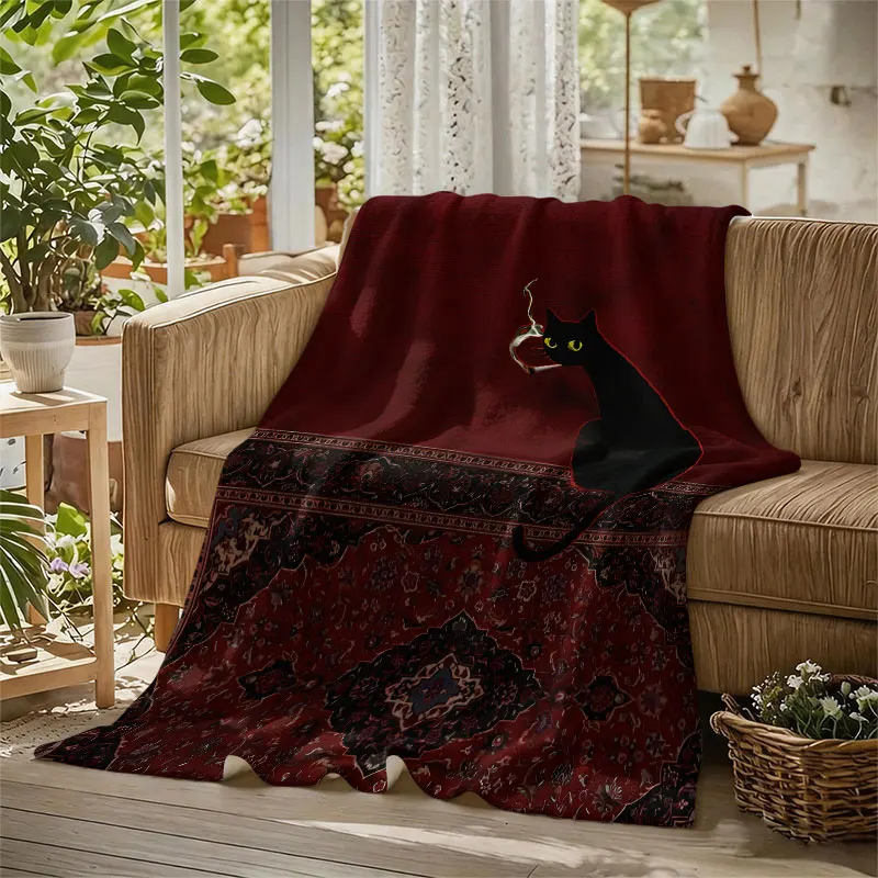 Black Cat Pipe Rug Red Flannel Blanket Perfect for Sofa Office Bed Travel Sleep Read Relax Camping Four Season Use