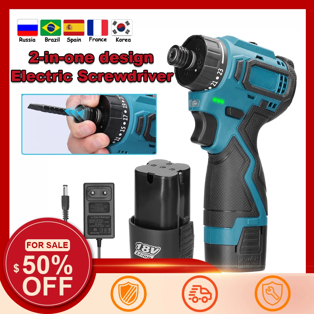 18V Lithium Brushless Electric Screwdriver 45Nm Torque Adjustable 2 Speed Control Modes Repairing Tool Kit Electric Screw Driver