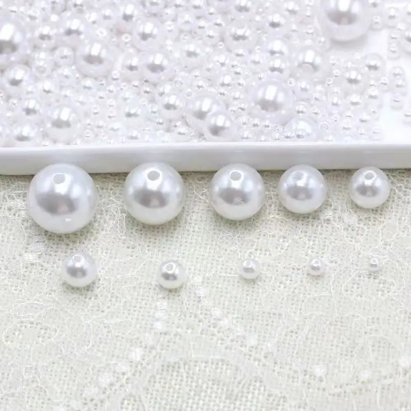 3mm-12mm  size  Pure White/Ivory Pearl wtraight holes round imitation plastic pearl beads for needlework & Jewelry Making