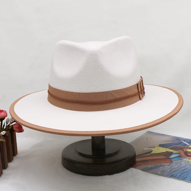 Independent Station European And American Style Woolen Flat Edge Fedora Hat Pleated Big Brim Top Hat Color Matching Hat