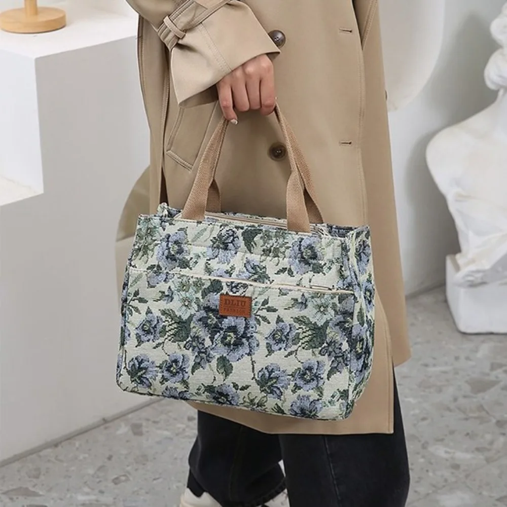 

Portable Floral Print Women's Tote Bag Canvas Large Capacity Lunch Bag Thickened Zipper Jacquard Handbag Lunch Bag