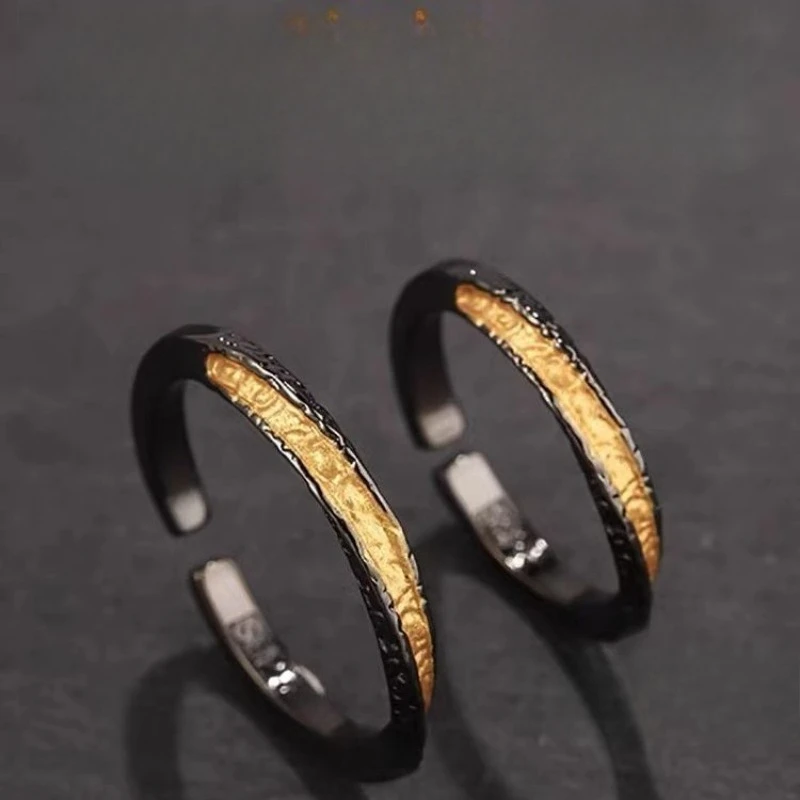خاتم زوجين ذهبي أسود فاخر وبسيط وخفيف الوزن وخواتم مزاج حديثة للخيال العلمي