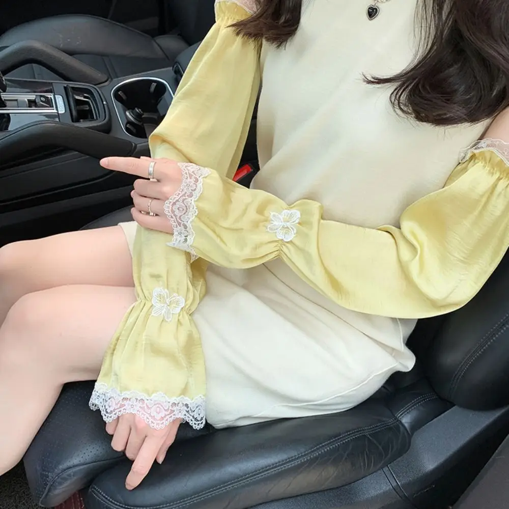 Sarung tangan bersepeda lengan tabir surya renda kupu-kupu lengan sutra es anti-UV elastis penutup lengan penutup pelindung matahari musim panas