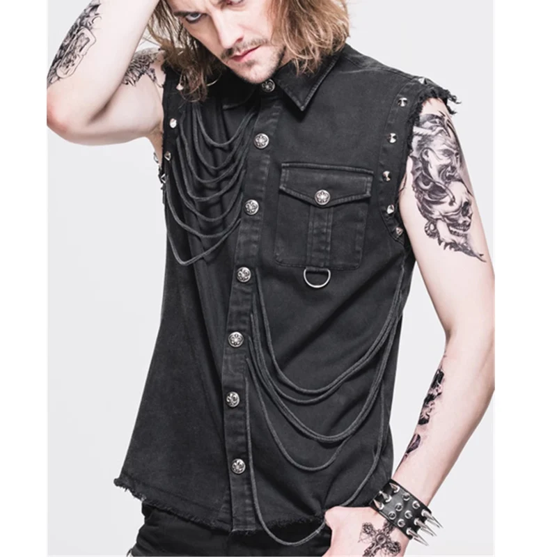 2024 Steampunk style Rivet Chain Strap Men's Cowboy Vest Casual retro style street men's clothing