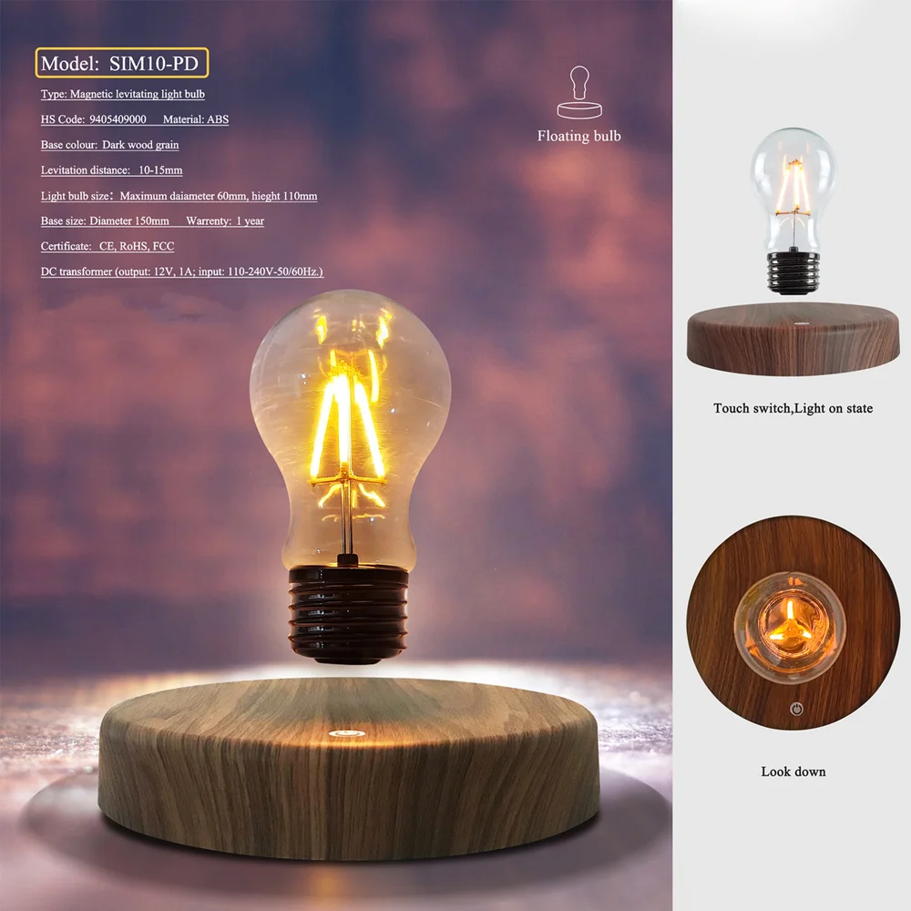 Electromagnetic Levitation Bedside Lamp Vintage Feature Light bulb High-grade Artwork Log Lacquered Wireless Connection Design