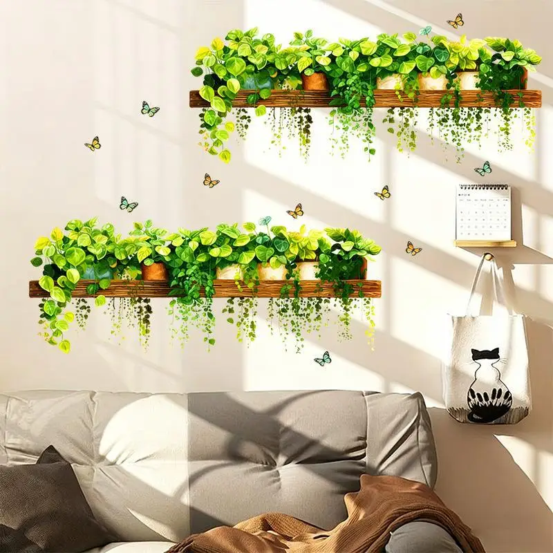 Potted Hanging Green Vine Butterfly Wall Sticker Removable Plant Wall Decal For Bedroom Living Room Home Decoration Supply