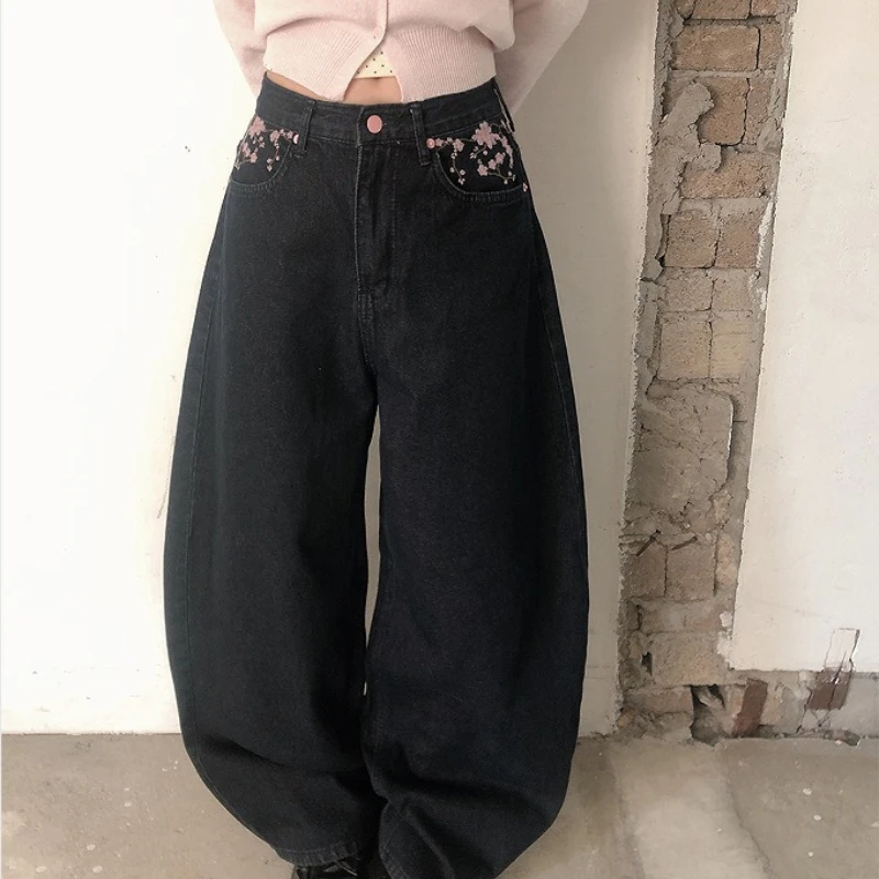 2026 Four Seasons Hot Selling New High Waist Cherry Blossom Embroidery Pattern Wide Leg Loose Jeans for Women