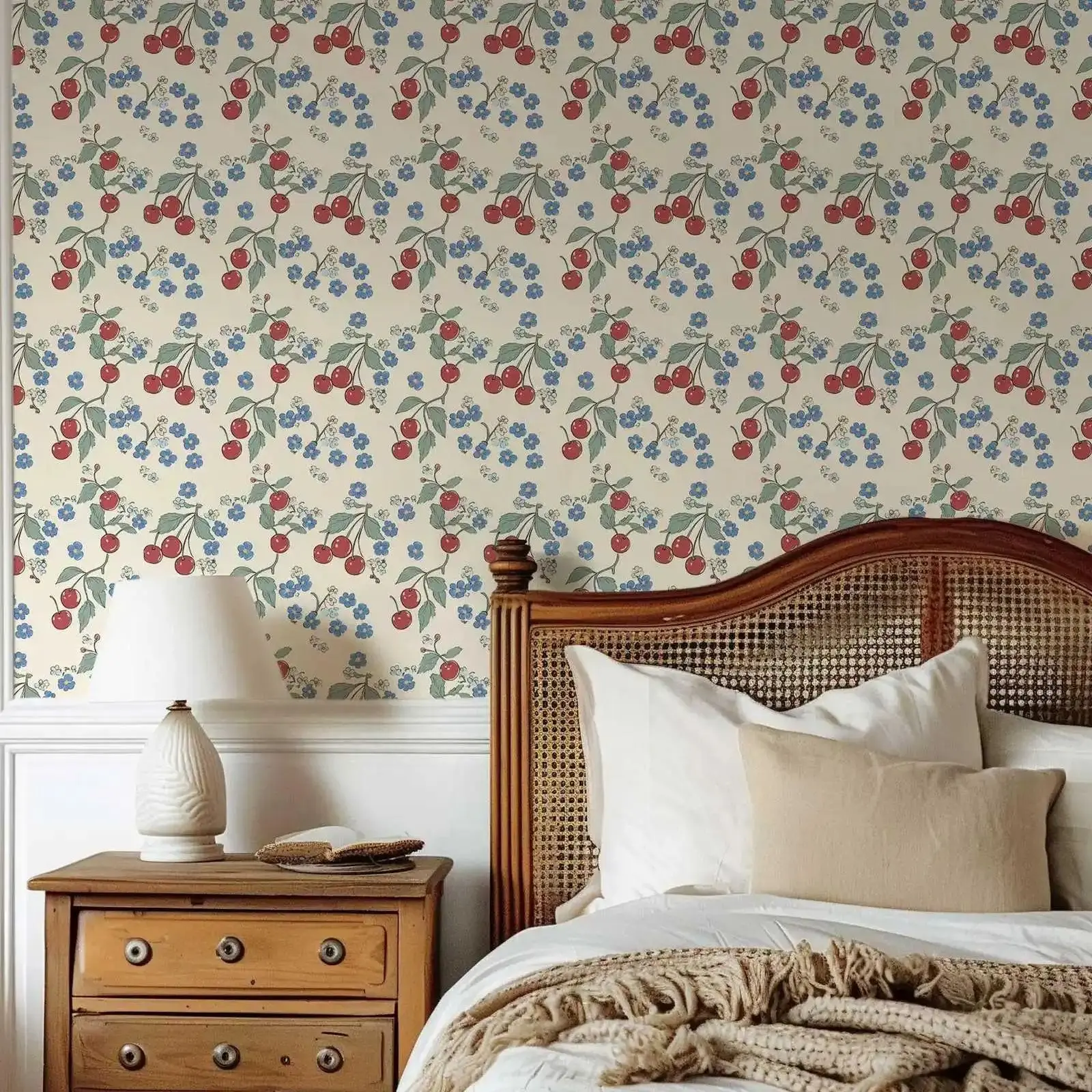 Botanical Colorful Wallpaper,Retro CherryTradition Non-woven Wall Mural,Or Peel and Stick Wallpaper For Living Room Decoration