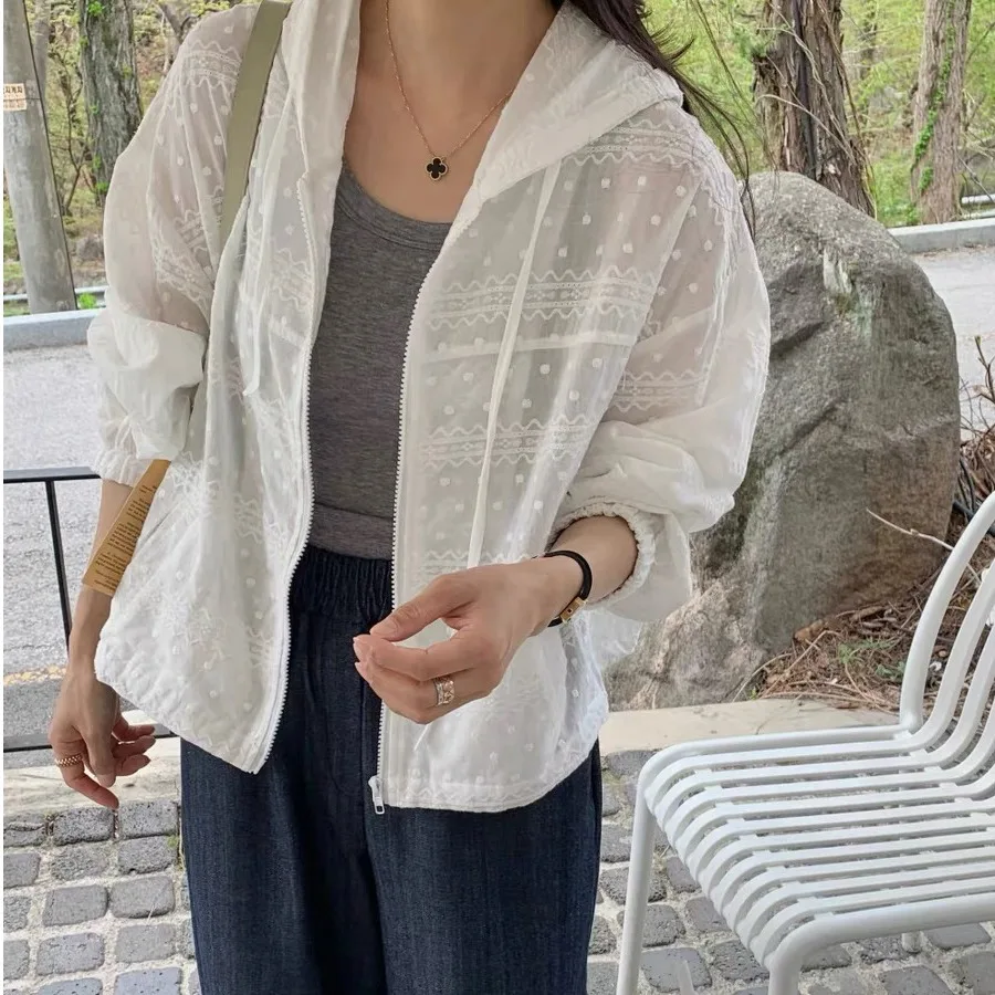 Korean Style Hooded Lightweight Embroidered Zipper Jacket Loose Fit Polyester Short Sleeve T-Shirt for Women Summer Season