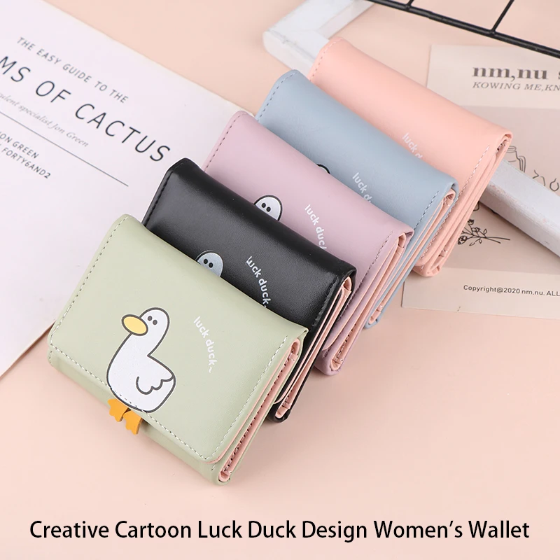 Creatieve Cartoon Luck Duck Design Dames Portemonnee Pu Lederen Bankkaarthouder Kawaii Korte Vouw Portefeuilles Cash Clip Vrouwen Portemonnees