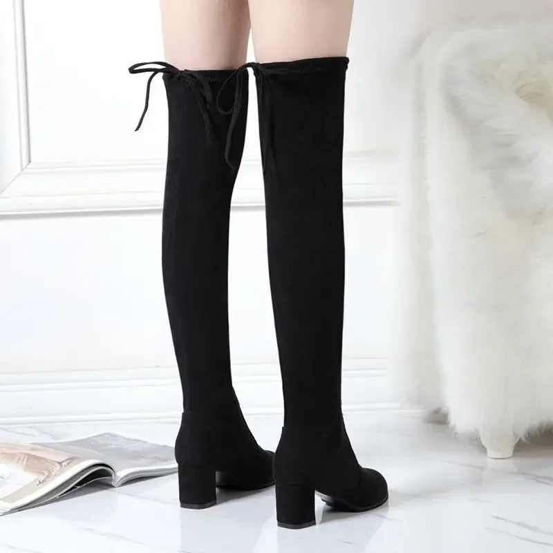 

Women's Black Over The Knee Boots 2025 Autumn Winter New Style Chunky Heel Pointed Toe Winter Figure-flattering Velvet Leather