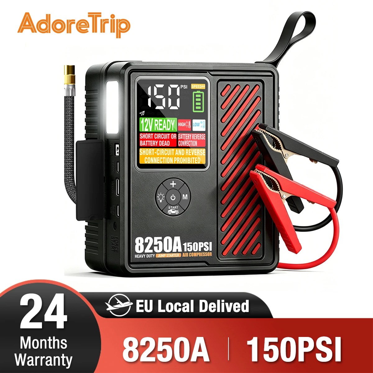 AdoreTrip Auto-Starthilfegerät 8250A Powerbank mit Luftkompressor 150PSI 10.3BAR Reifenfüller 2 Jahre Garantie