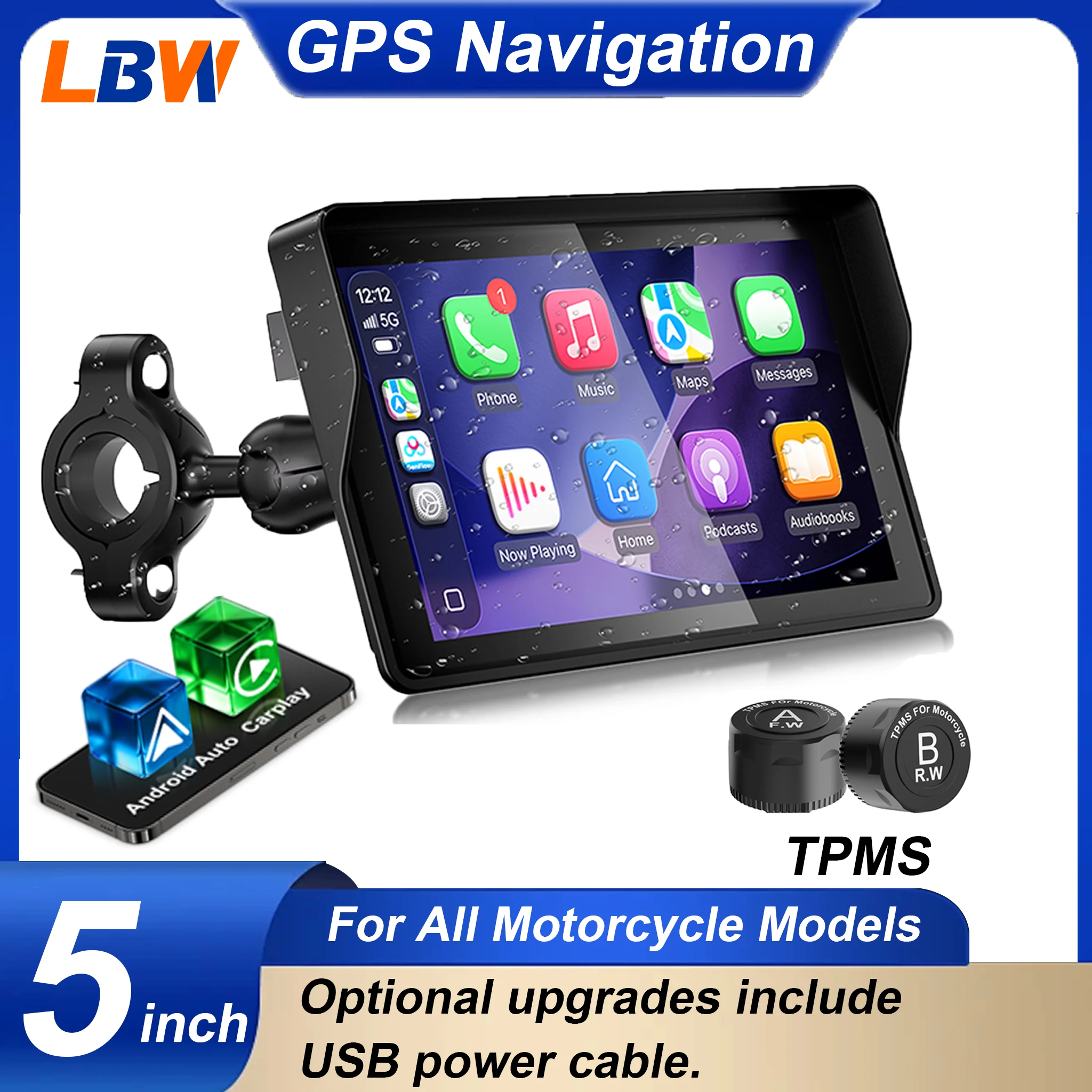 LBW 5-inch Motorcycle CarPlay GPS Navigation Smart Display With TPMS Compatible With All Motorcycle Models.