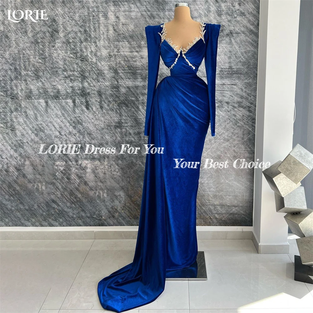 LORIE Ocean Blue Formal Evening Dresses Cap Sleeves Beaded V-Neck Pleated Prom Dress Africa Arabia Bride Celebrity Party Gowns