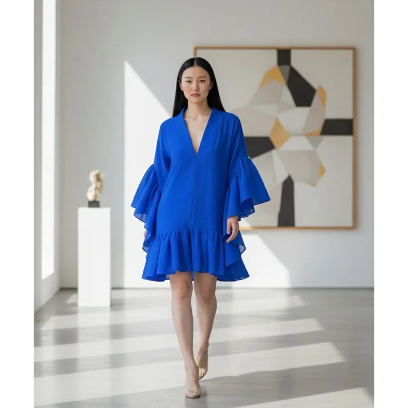 

Tinaa 3colors Flare Sleeve Birthday Mini Dresses for Women 2025 Loose A-line V-neck Ruffles Party Short Dress Female 184950