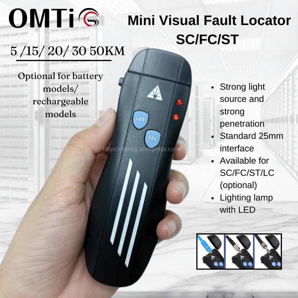 

OMTiG Visual Fault Locator SC/FC/ST 5/15/20/30/50KM Rechargeable Laser Source Fiber Optic Cable Tester Lithium Battery