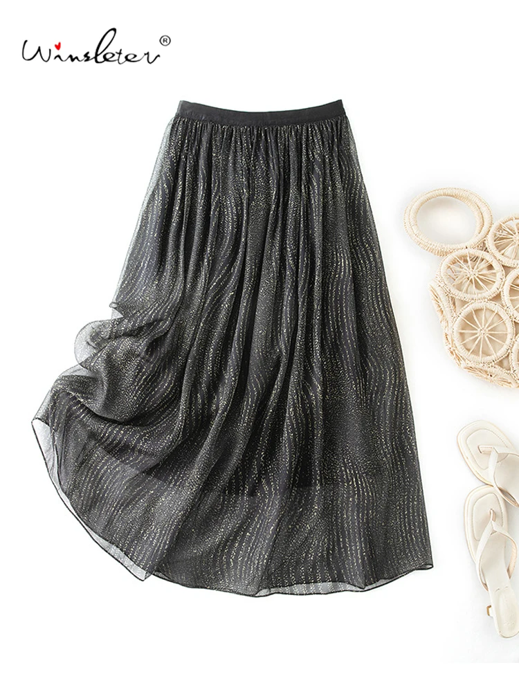 

Элегантная плиссированная юбка Winsleter из 100% шелка с эластичным поясом и принтом, универсальная женская модель, новинка лета 2026, B63341CC