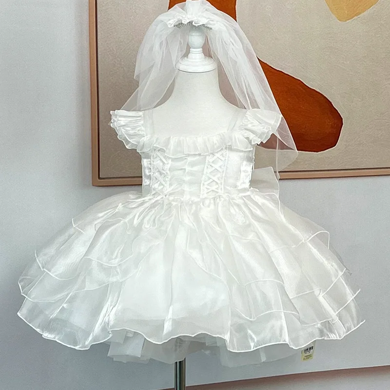 Girls Spring White Fluffy Princess Dress Lolita Flower Marriage Baby Girl Birthday Dress Flower Girl Wedding Dress Show