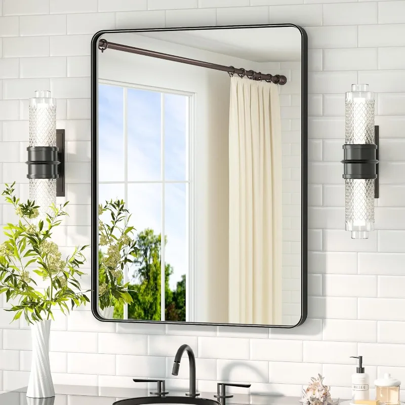 Black Bathroom Mirror 24 x 32 Matte Black Metal Framed Vanity Mirror, Tempered Glass, Wall Mounted for Bathroom,Entryway,Bedroom