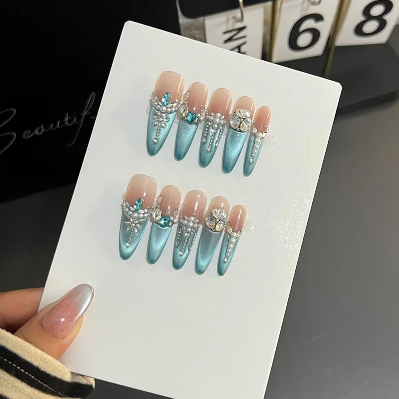 

10 шт., чисто ручная работа, вспышка для ногтей, синий темперамент, жемчуг, продвинутый кошачий глаз, французский нежный отбеливающий дизайн ногтей