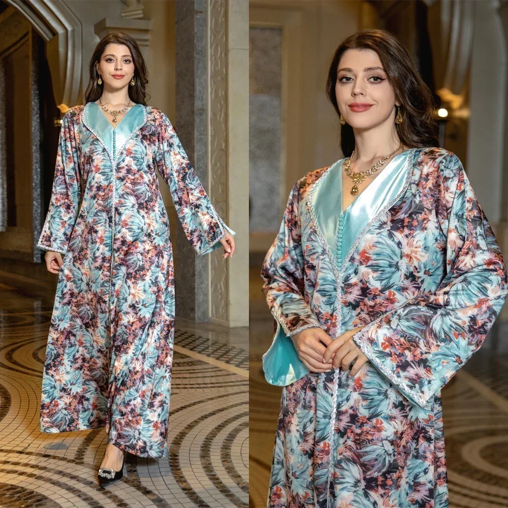 Eid Satin Lapel Women Abaya Diamond V-neck Long Dress Jalabiya Split Sleeves Loose Robe Retro Floral Print Caftan Party Vestidos