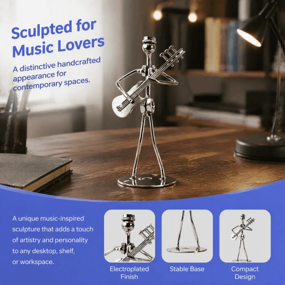 Iron Materia Metal Musician Sculpture Silver Desktop Size Electric Guitar Player Statue Electroplated Finish Musician Man Decor