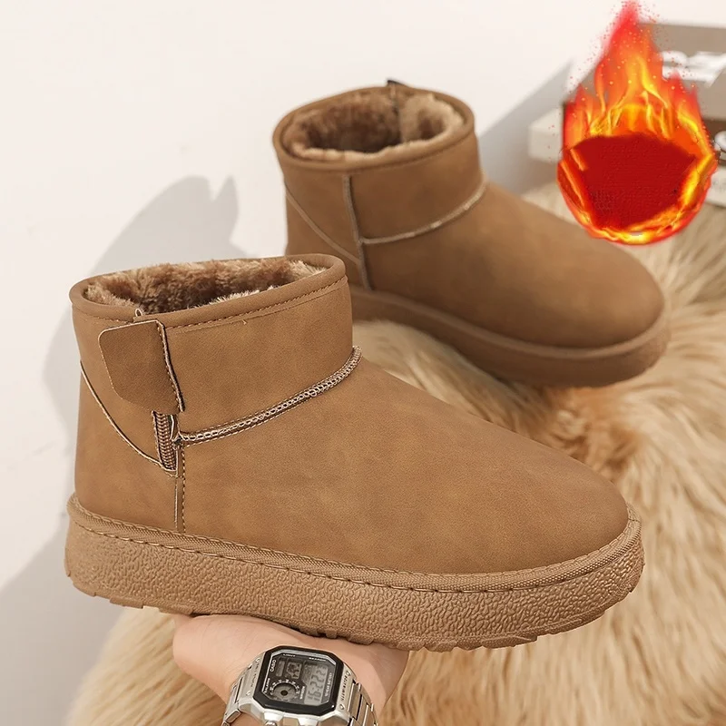 Autumn and Winter Fleece-Lined Warm Cotton Shoes for Men, Fashionable and Versatile Leather Snow Boots